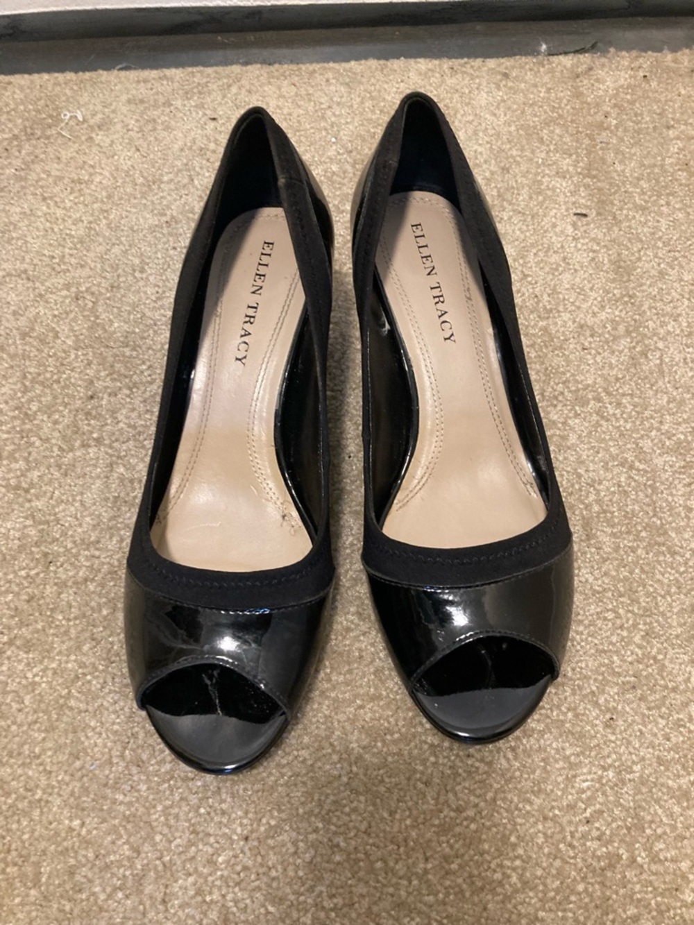 Ellen Tracy Black Patent Peep-Toe Heels